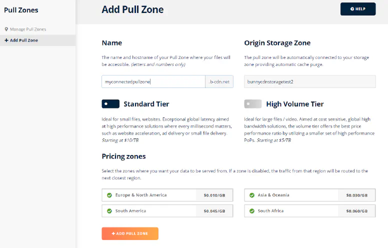 bunnycdn add pull zone for storage